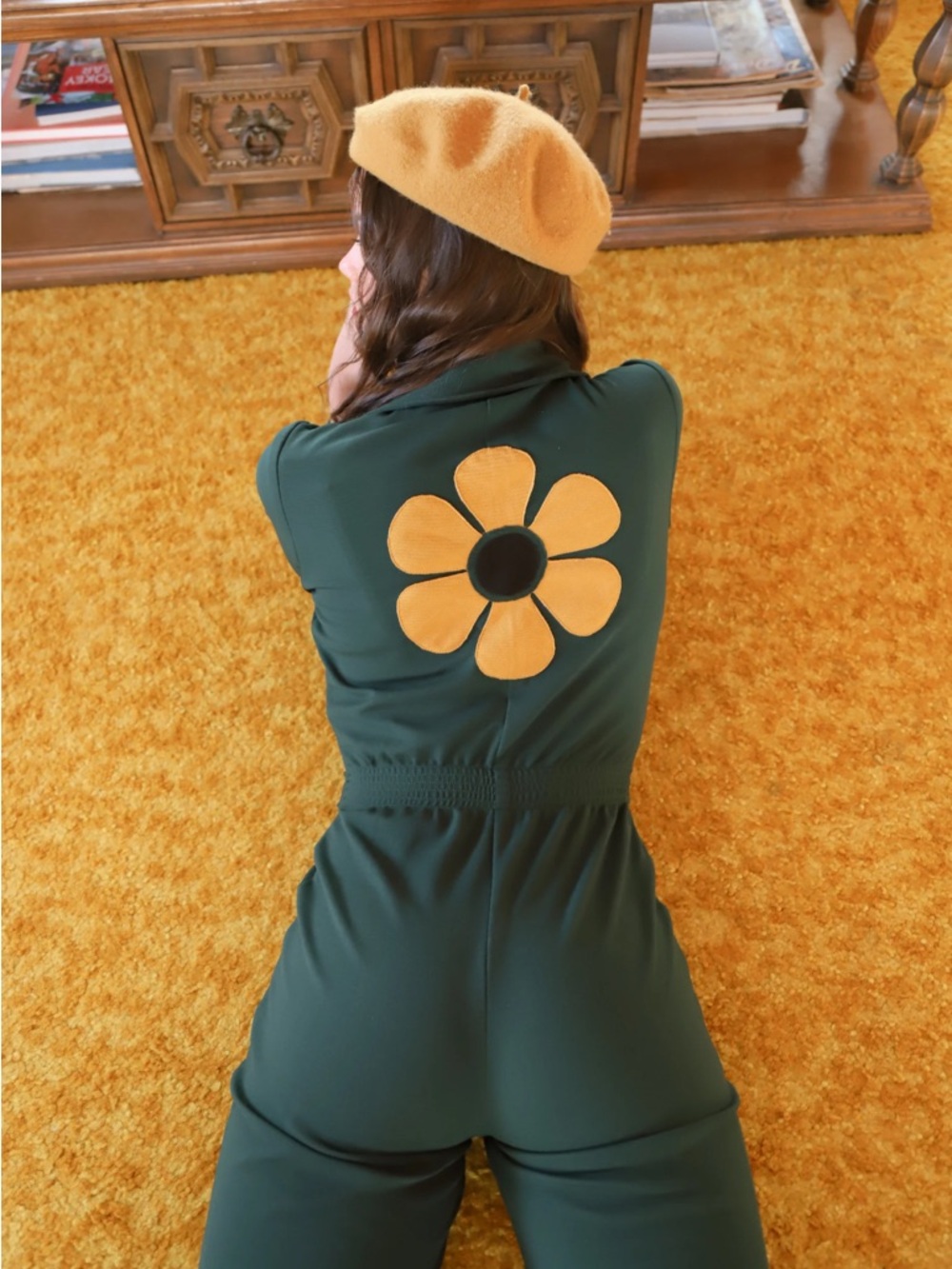 Miracle Eye Flower Power Jumpsuit in Evergreen Zip-Front Collared Jacket